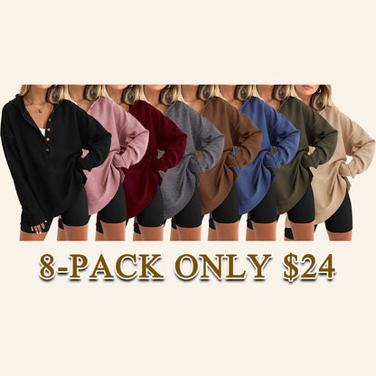 Women’s Oversized V-Neck Hoodie – Relaxed Button Pullover with Side Slits