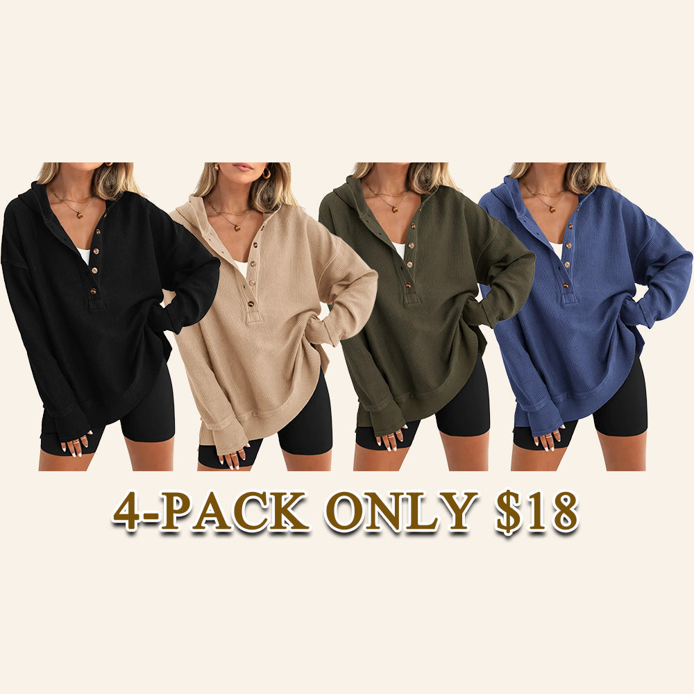 Women’s Oversized V-Neck Hoodie – Relaxed Button Pullover with Side Slits